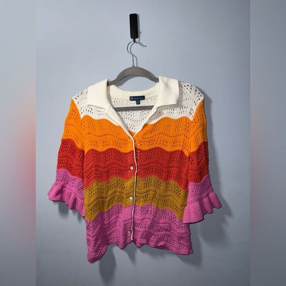 Democracy Women’s Colorful Wave Stripe  Pointelle Cardigan M EUC feminine groovy - Picture 2 of 8